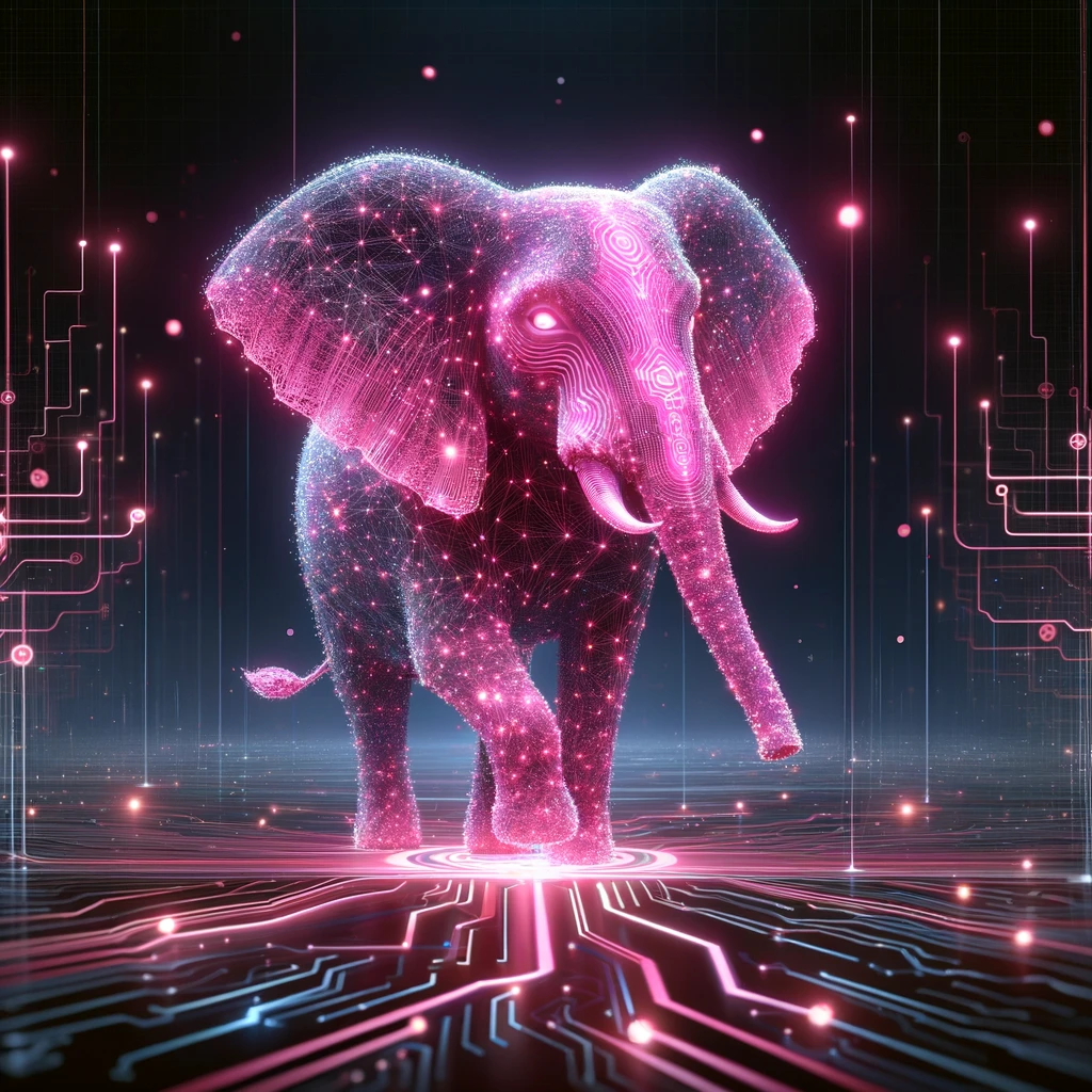 Surreal digital image of a pink elephant composed of neon lines and glowing dots, standing in a technological landscape with circuit patterns and data streams. The background is dark, highlighting the luminous and futuristic appearance of the elephant.