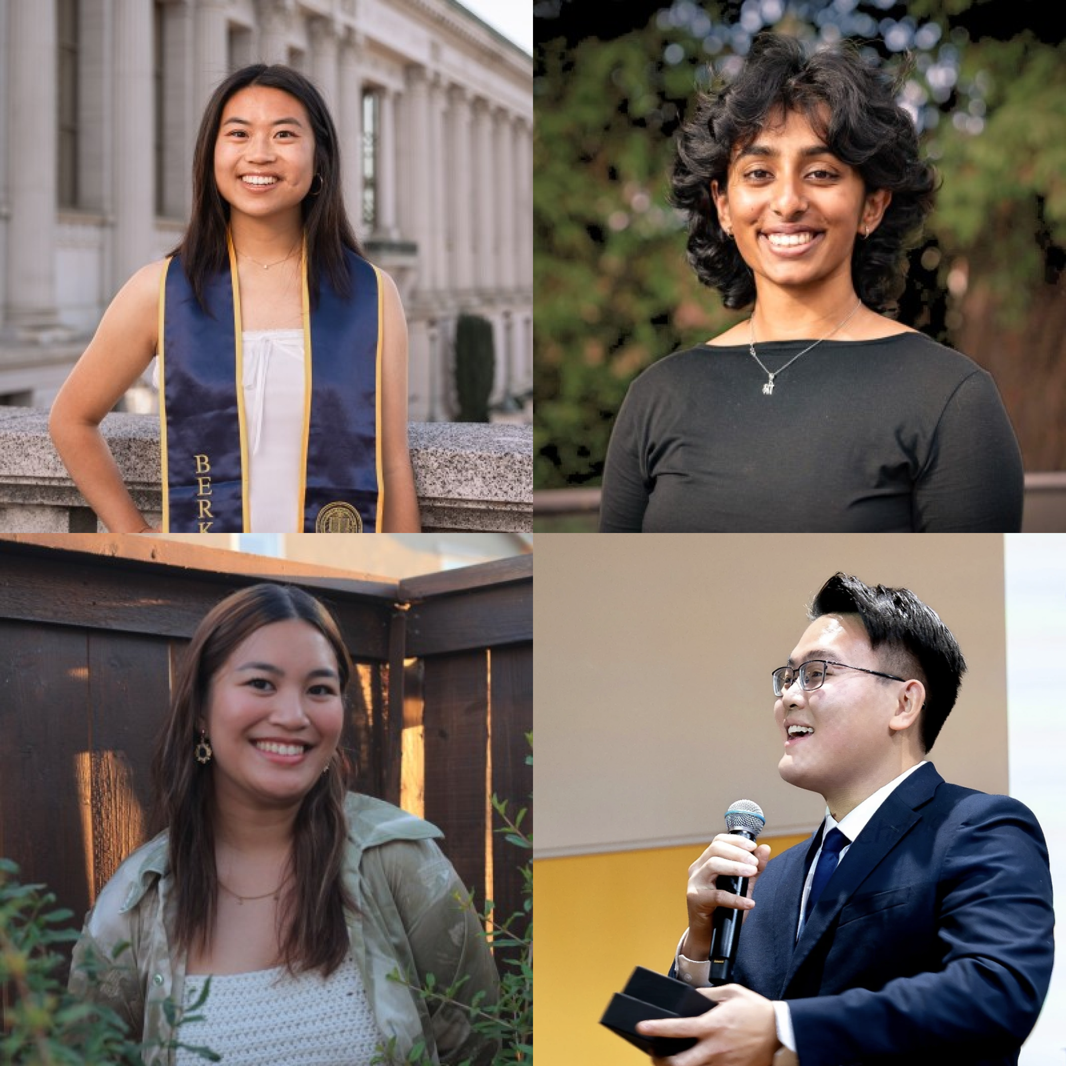 scet spring 2024 course coordinators - This is a collage showing four course coordinators students. Starting with Top left, there is Claire Chu, Sanjana Gurram, Anderson Lam, and Katrina Manaloto